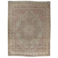 Tapis ancien Lavar Kerman, couleurs douces et pastel, ivoire, rose, gris clair/bleu