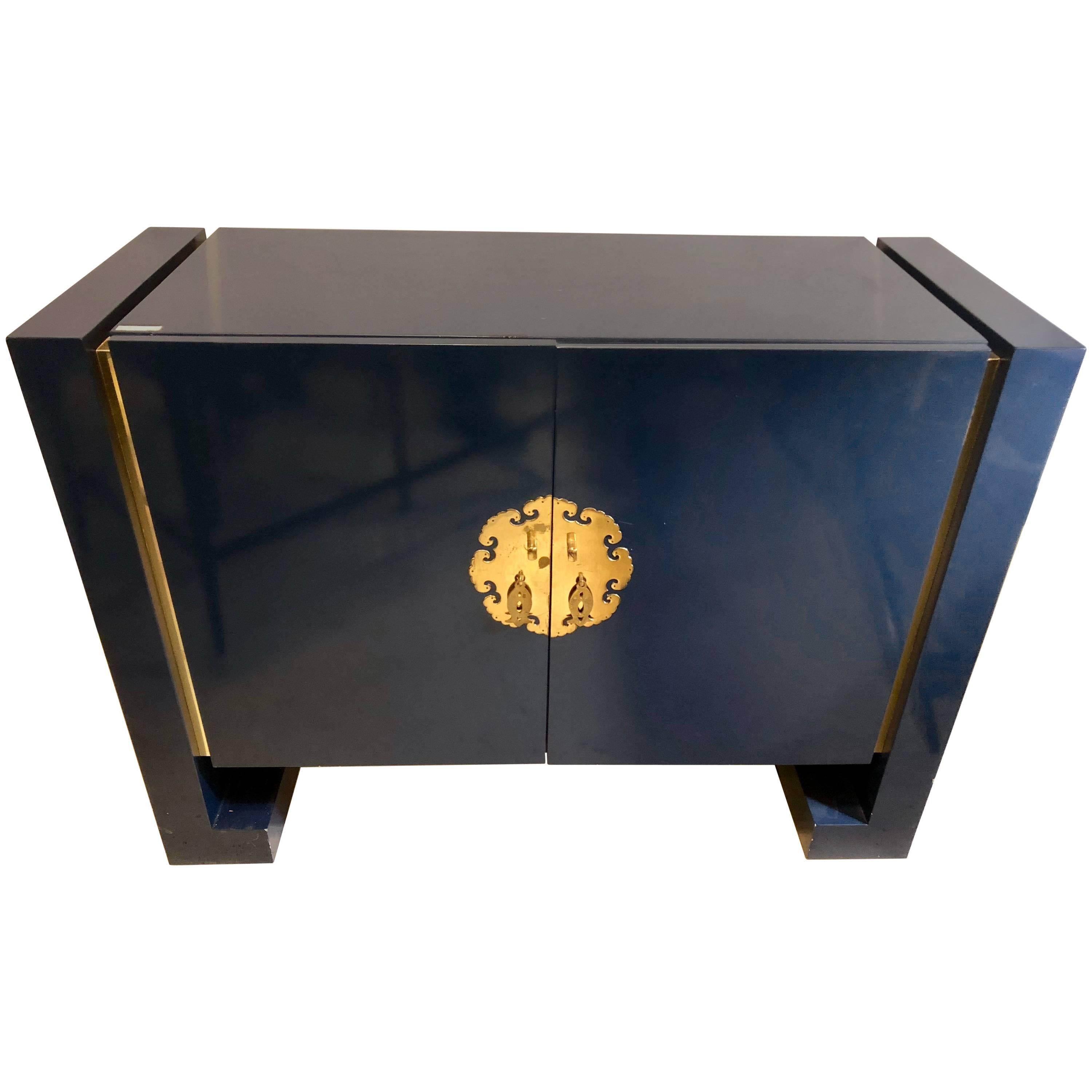 Blue Designer Oriental Cabinet or Commode in the Style of James Mont