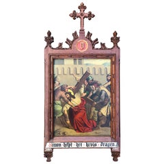 Antique Gothic Painting Fifth Station Crucifixion 'Simon Helps Jesus to Carry the Cross'