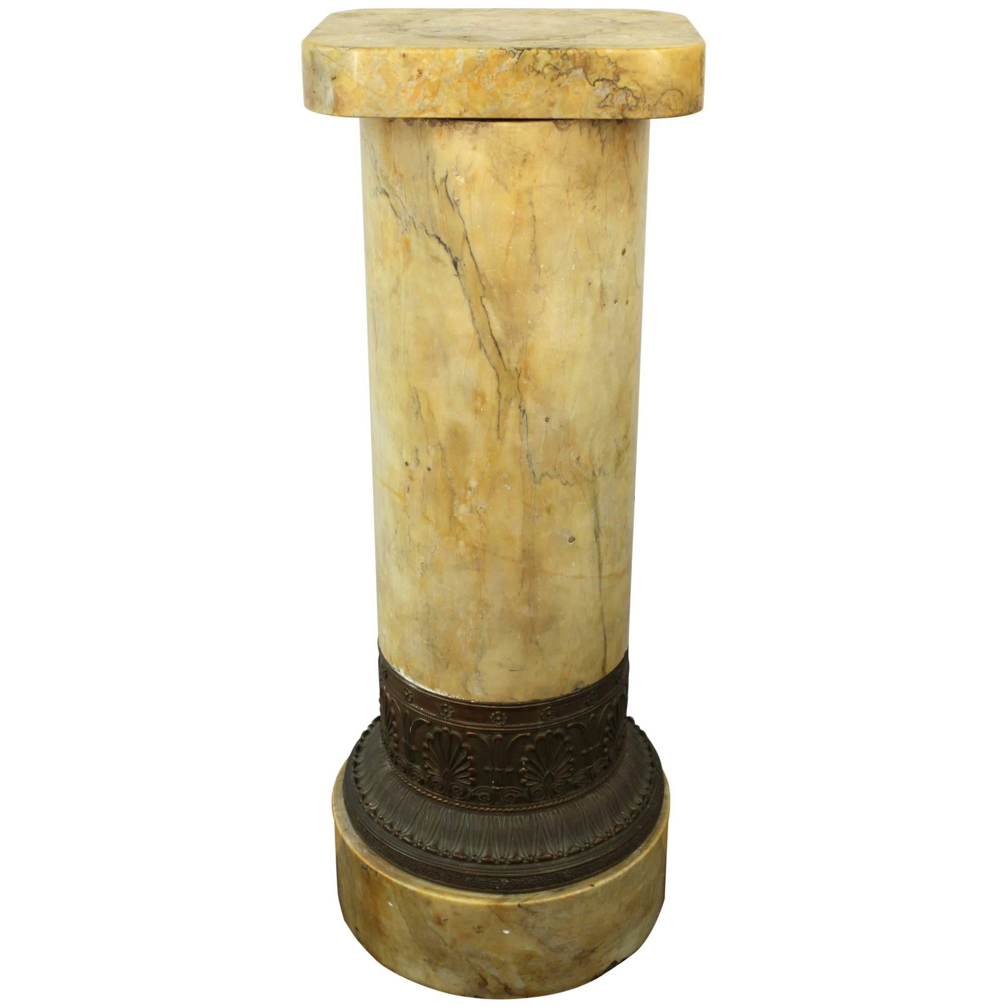 19th Century Pedestal in Solid Marble with Decorative Band in Bronze