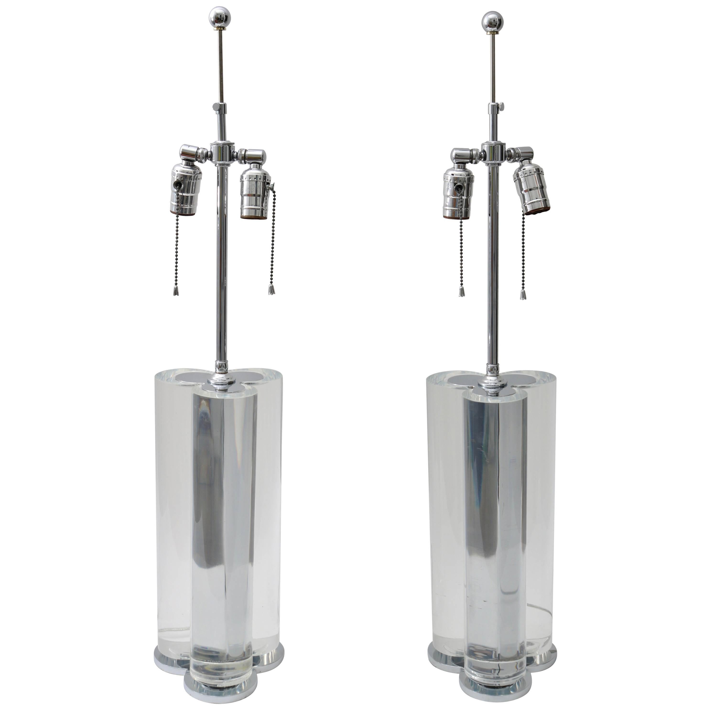 Pair of Table Lamps in Lucite and Polished Steel, 1970s