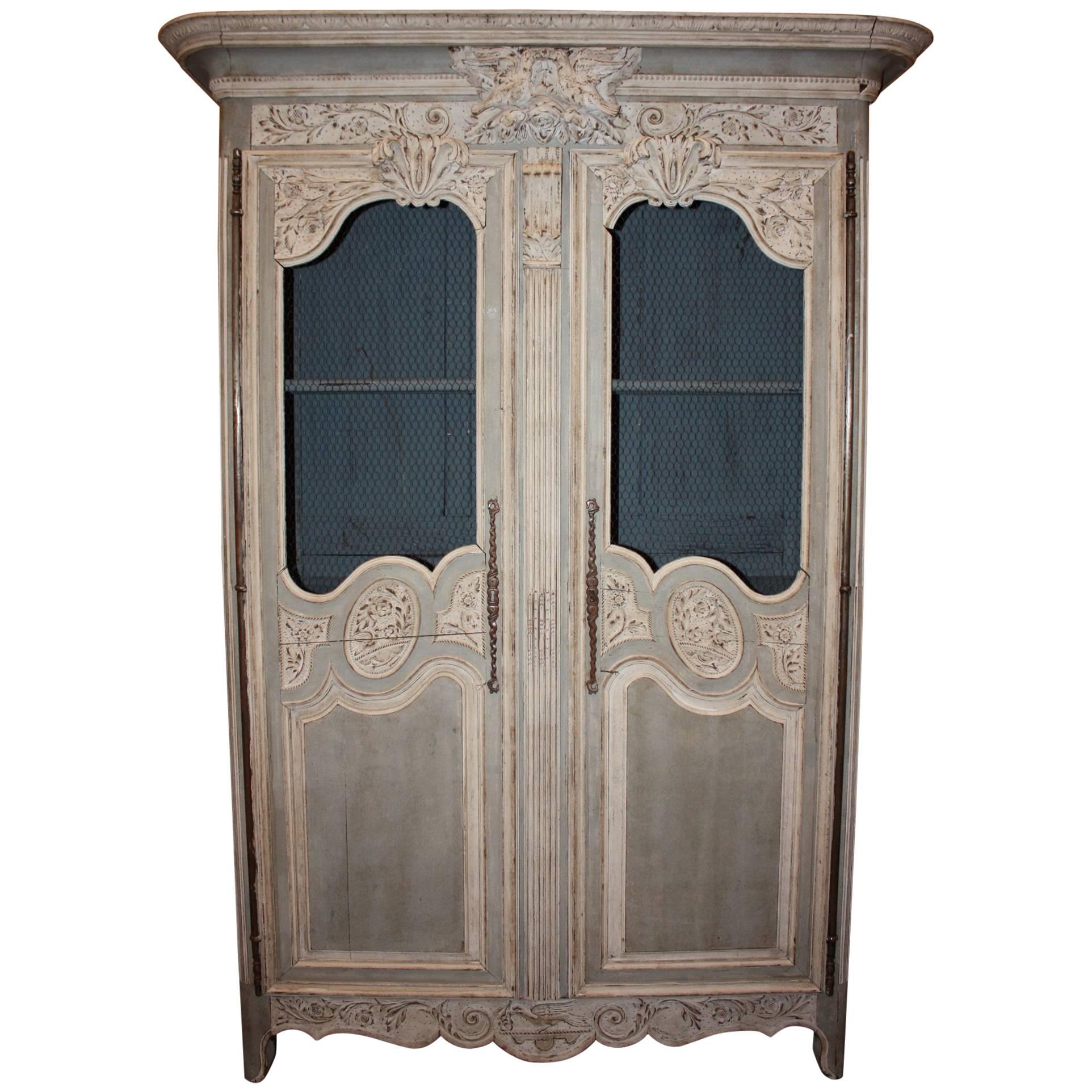 Beautifully Carved French Screened Painted Armoire