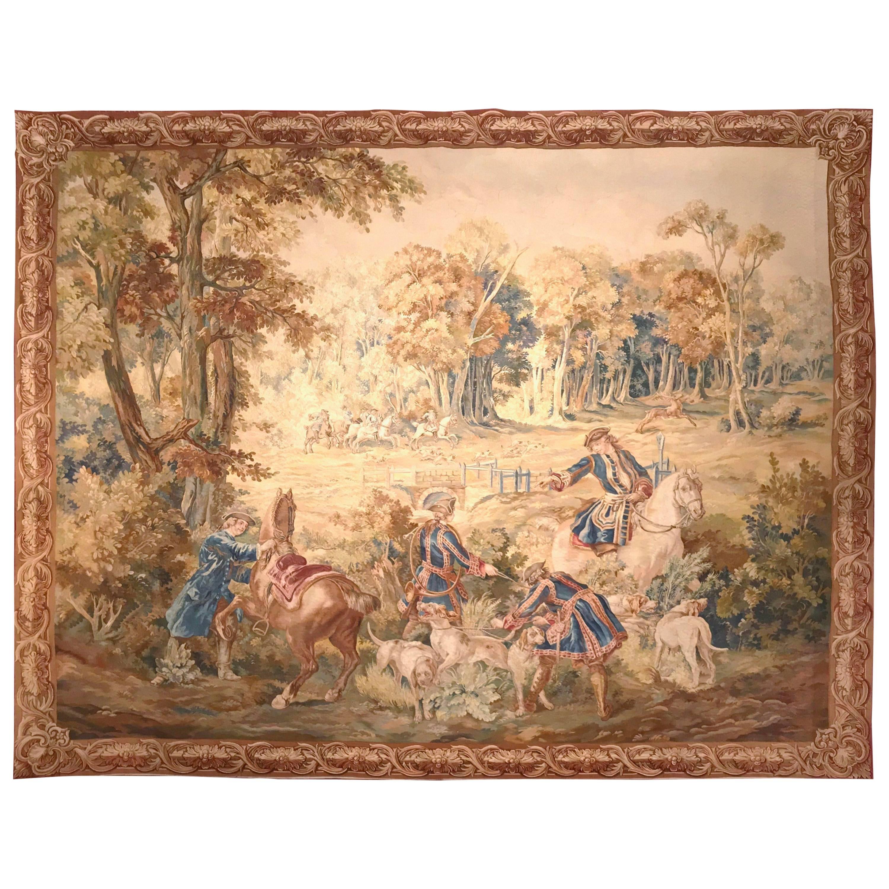 Large 18th Century Hunt Scene Tapestry with Horsemen Dogs and Deer from Brussels