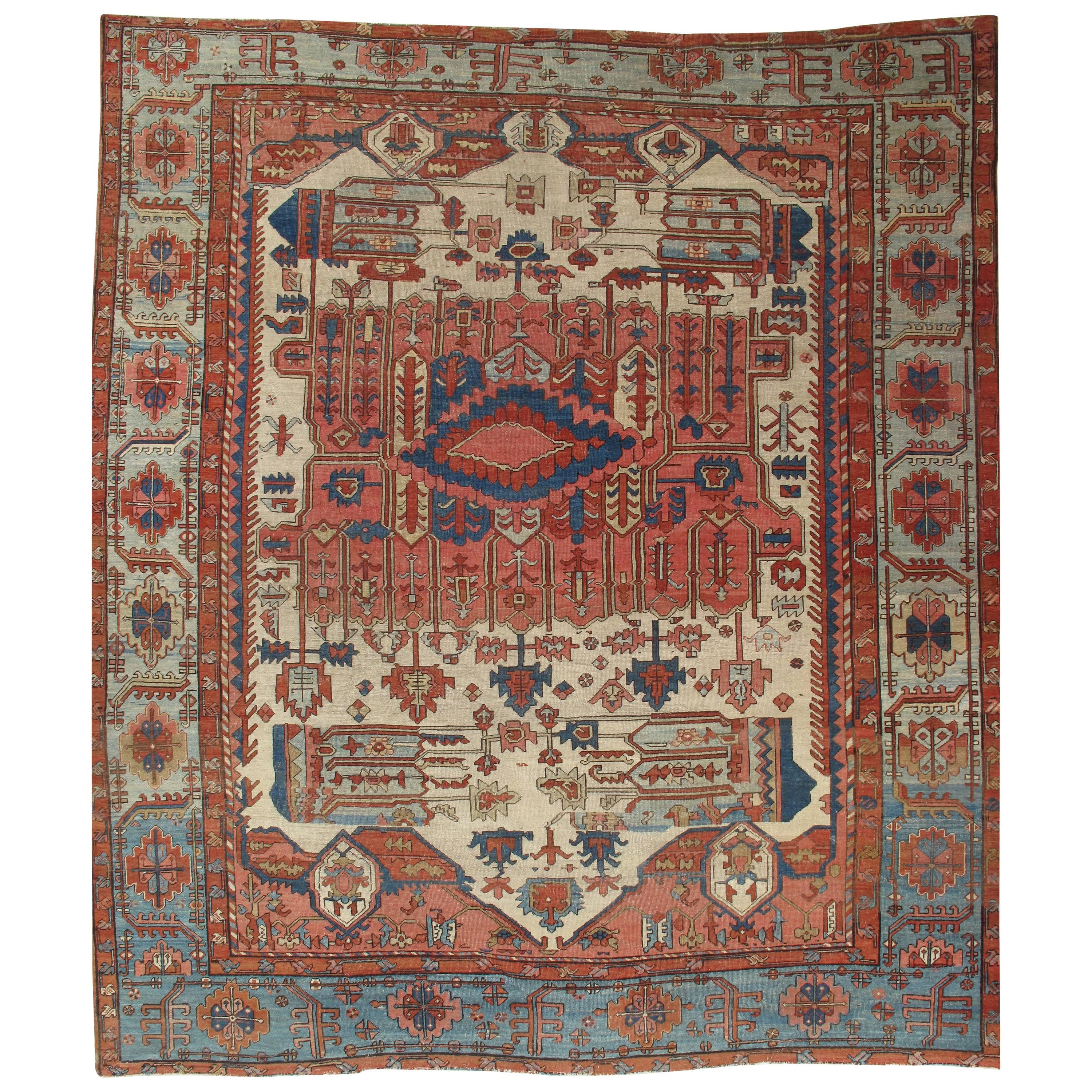 Antique Persian Serapi Carpet, Handmade Wool Oriental Rug, Gold-Ivory Light Blue