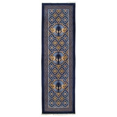 Vintage Chinese Runner, Handmade, Oriental Rug, Blue, Gold, Ivory