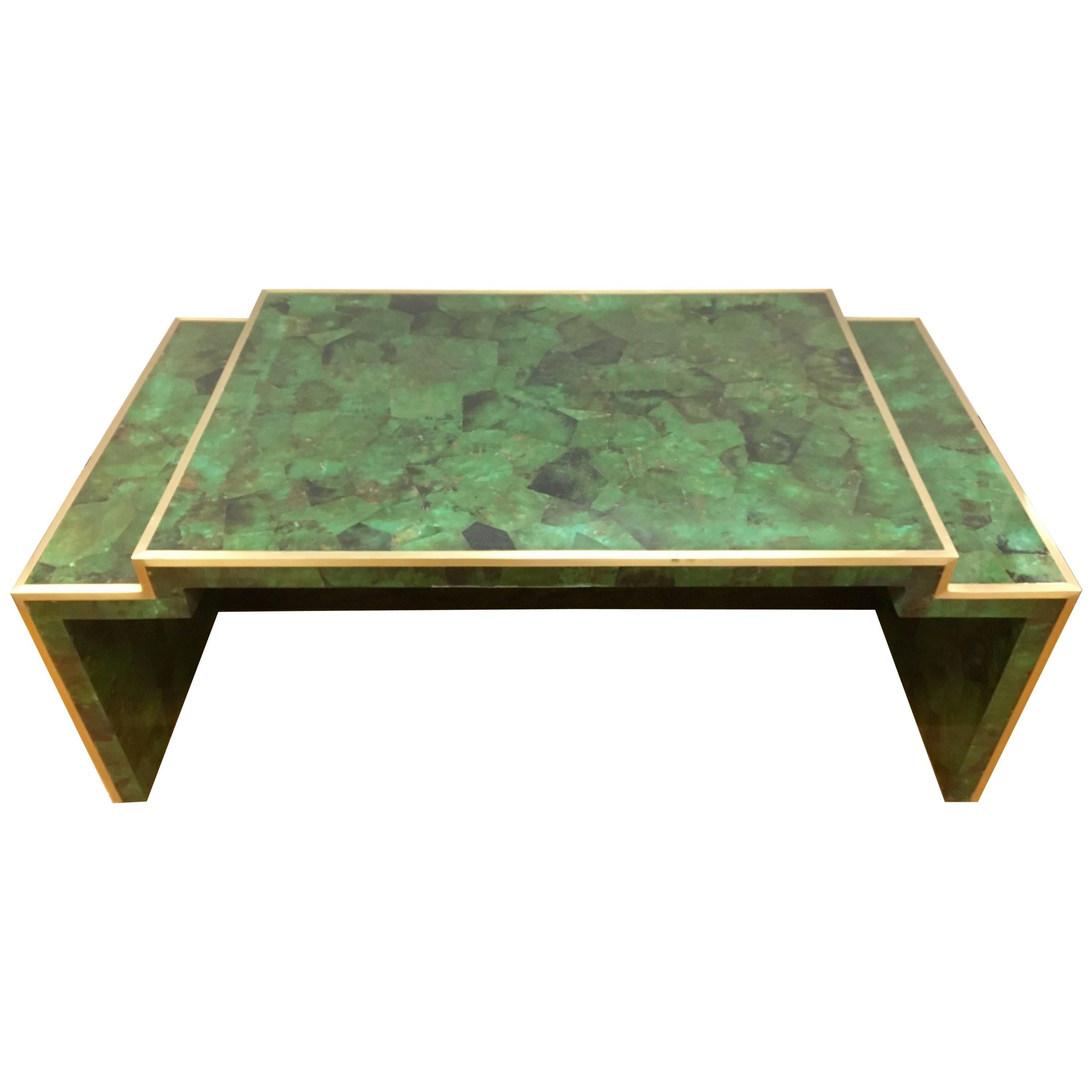 Savona Emerald Faux Malachite and Brass Cocktail Coffee Table
