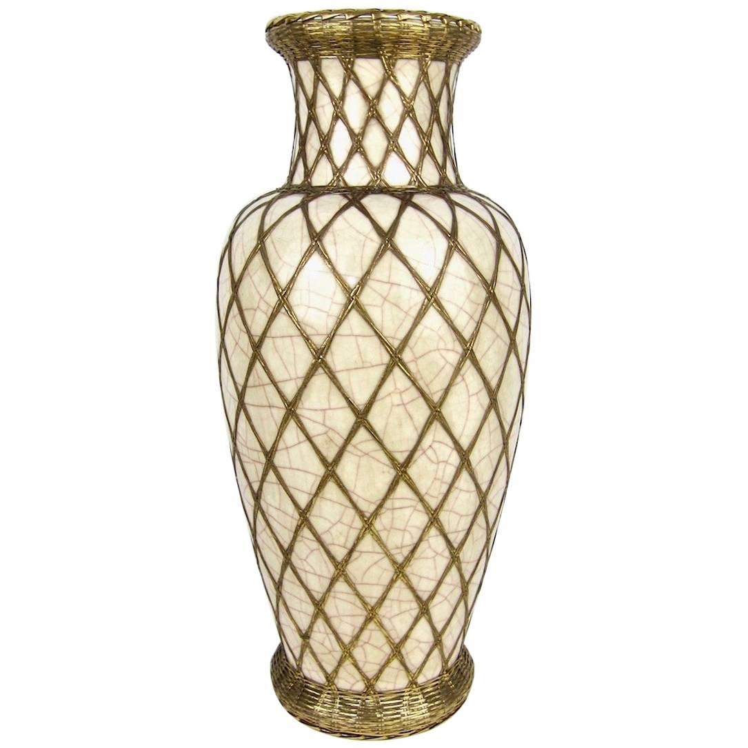 Large Japanese Pottery Vase with Craquelure Glaze and Basket Weave Overlay