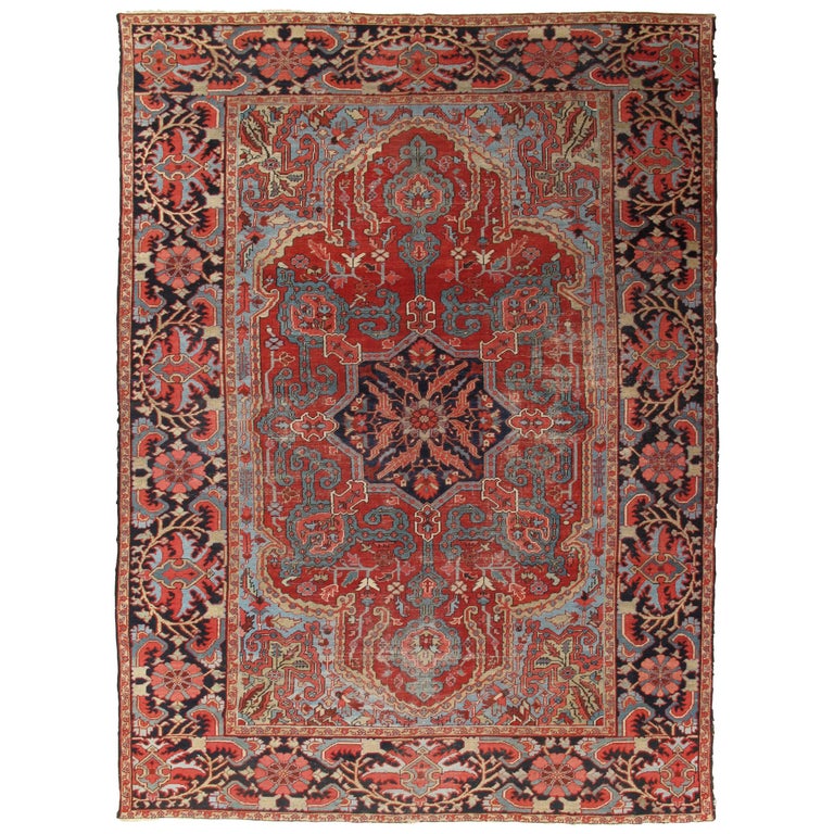 Antique Bakhshaish Carpet Handmade Oriental Rug Rust Ivory Navy Light Blue - 