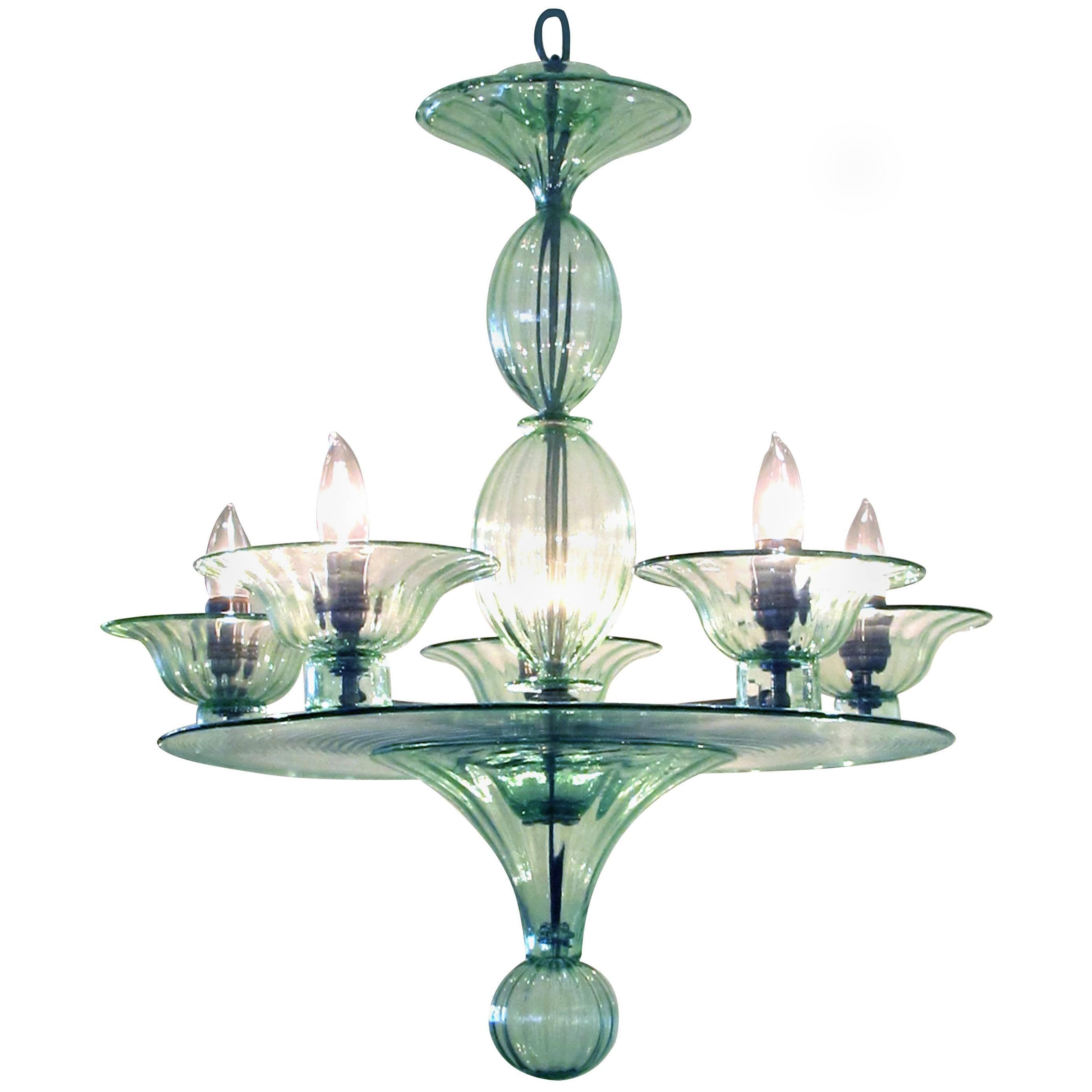 Rare and Shapely Murano Art Deco Pale Green Glass Five-Light Chandelier