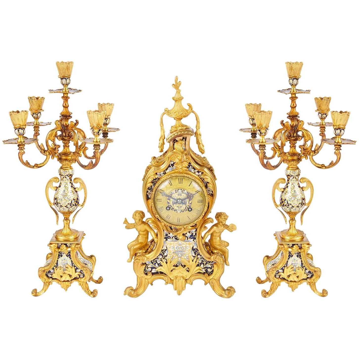 19th Century Louis XVI Style Champleve Enamel Clock Set