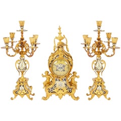 Vintage 19th Century Louis XVI Style Champleve Enamel Clock Set