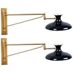 Pair of Swing Arm Brass Adjusting Sconces with Enameled Shade, Italy, 1950s