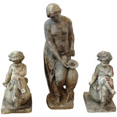 Antique Cast Iron Fountain of Woman with an Urn and Two Putti