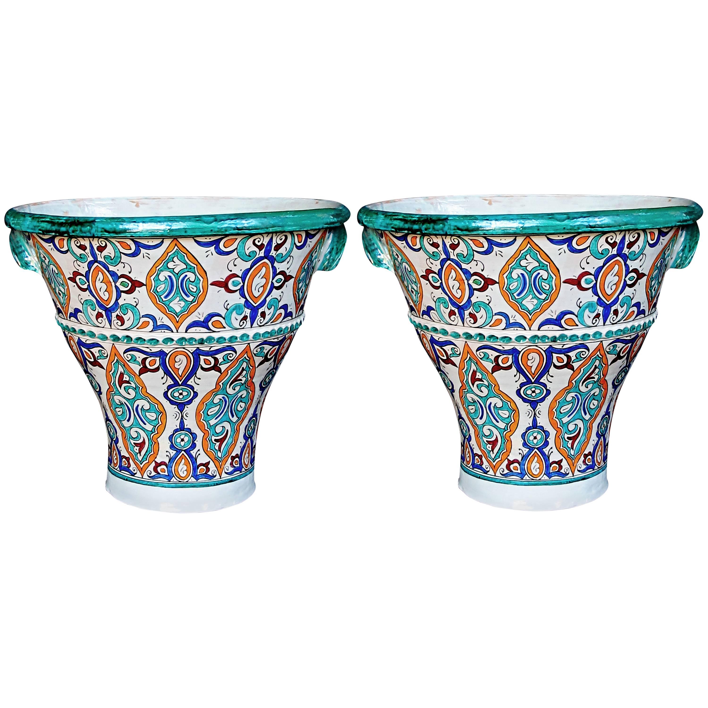 Vibrantly Glazed Pair of Moroccan Conical-Form Double Handled Pots; Fez Morocco
