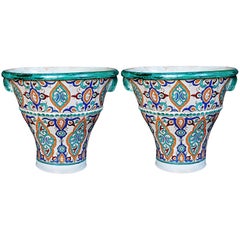 Vibrantly Glazed Pair of Moroccan Conical-Form Double Handled Pots; Fez Morocco
