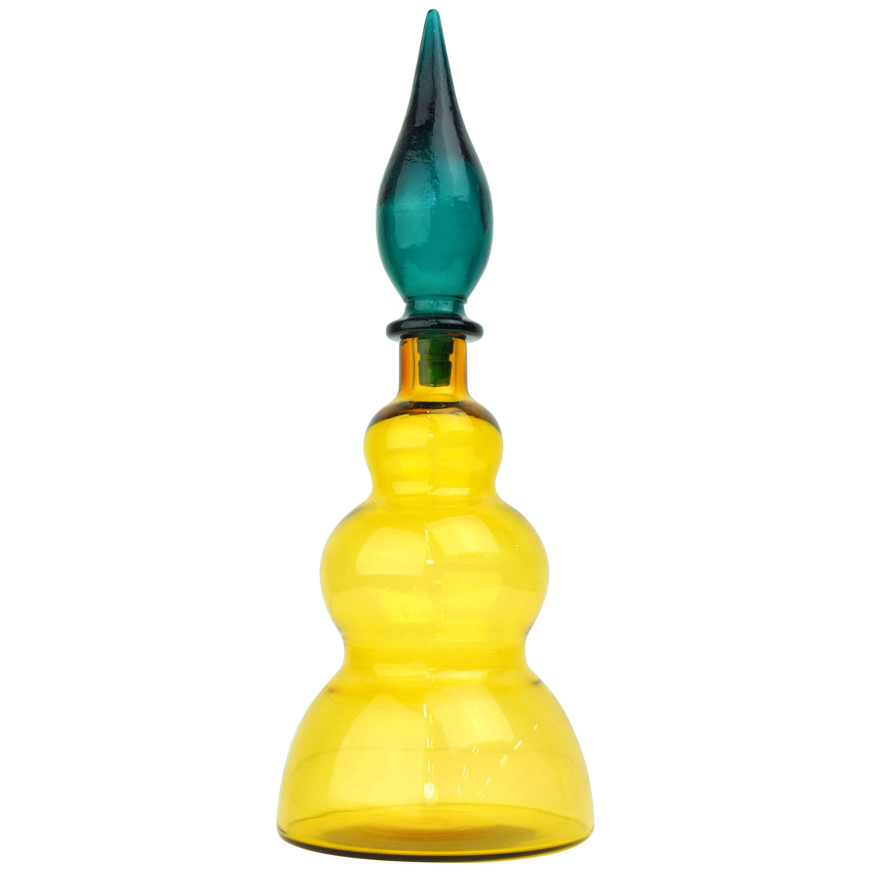 Salviati Murano Glass Amber Yellow and Emerald Green Decanter