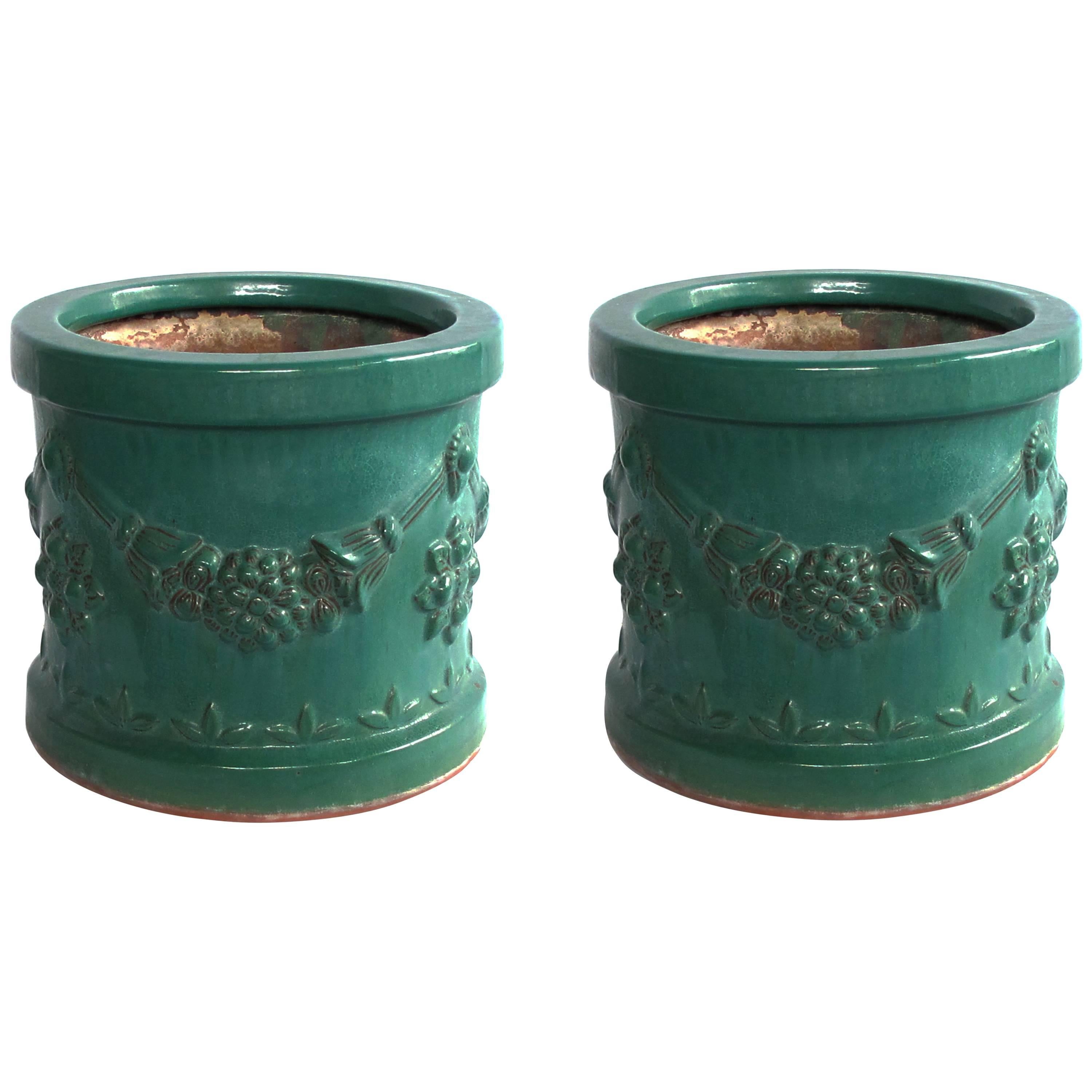 Robust Pair of Malaysian Teal-Glazed Terracotta Planters