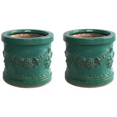 Vintage Robust Pair of Malaysian Teal-Glazed Terracotta Planters