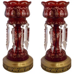 Pair of Antique Bohemian Ruby Colored Crystal Converted Lights