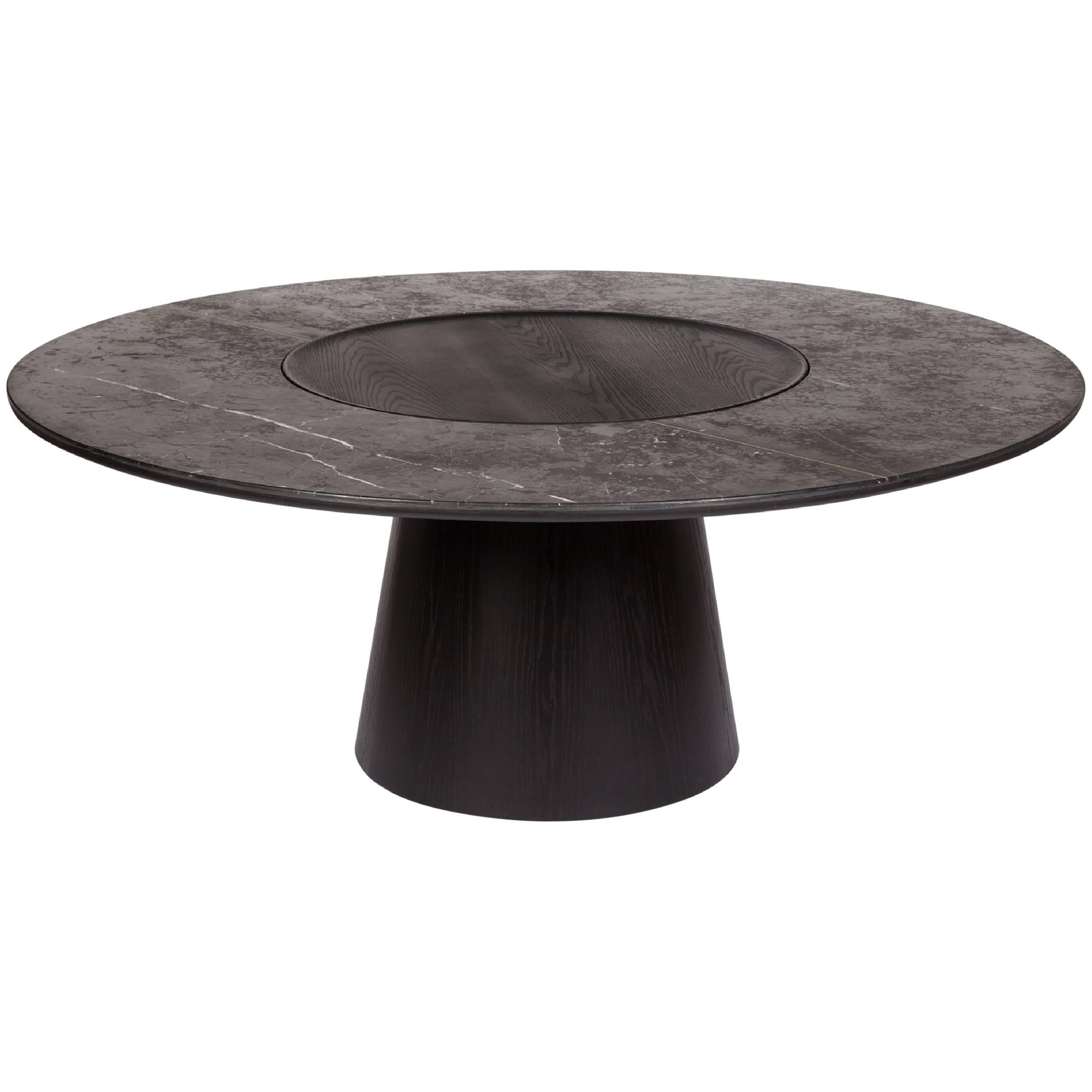 Lazy Susan Oak Dining Table, Inlaid with Brass and a Marble Top