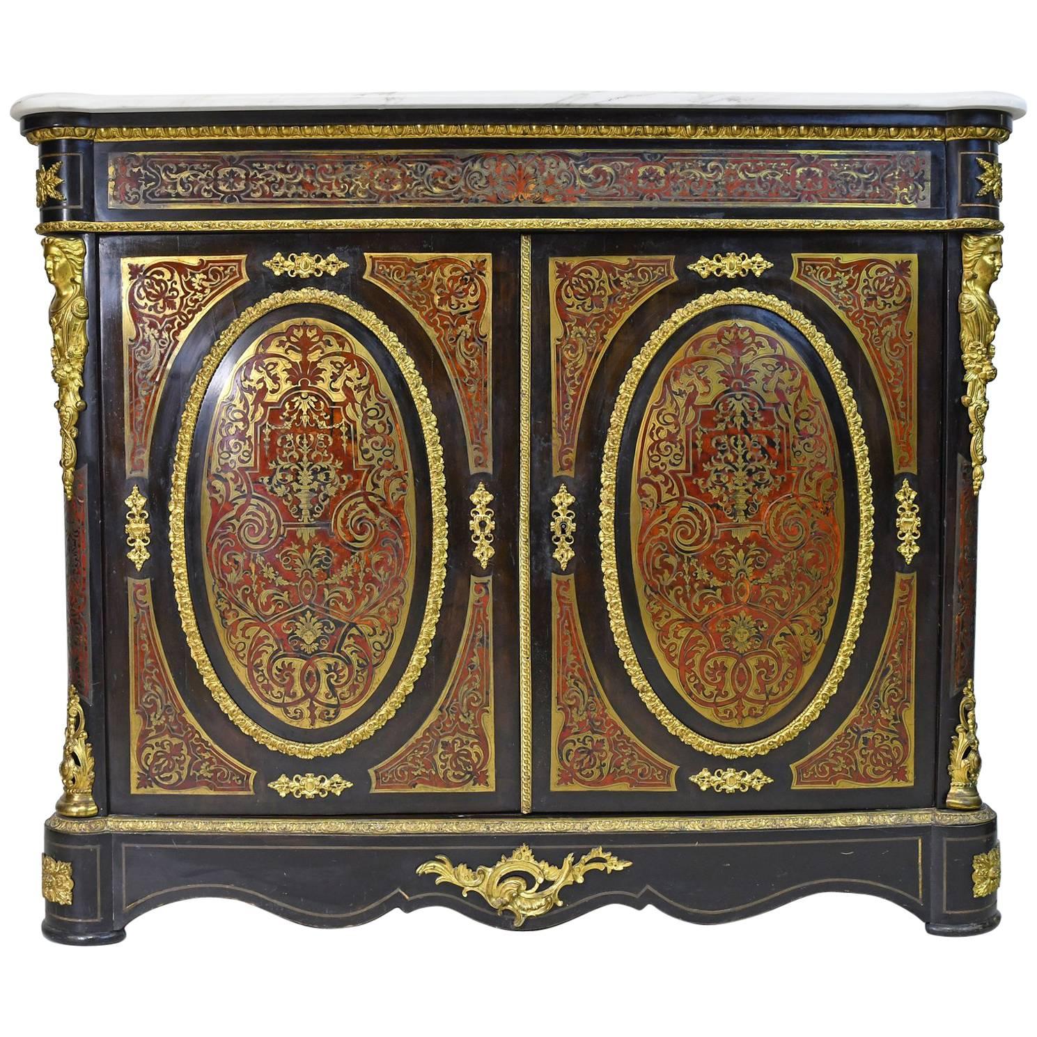 French 19th C. Napoleon III Ebonized Boulle Cabinet w/ Tortoise & Brass Inlays