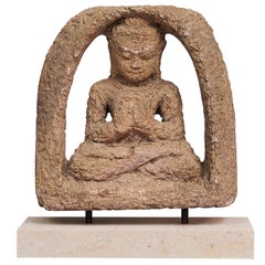 Burmese Sandstone Buddha in Uttarabodhi Mudra" Position, circa 1400-1500