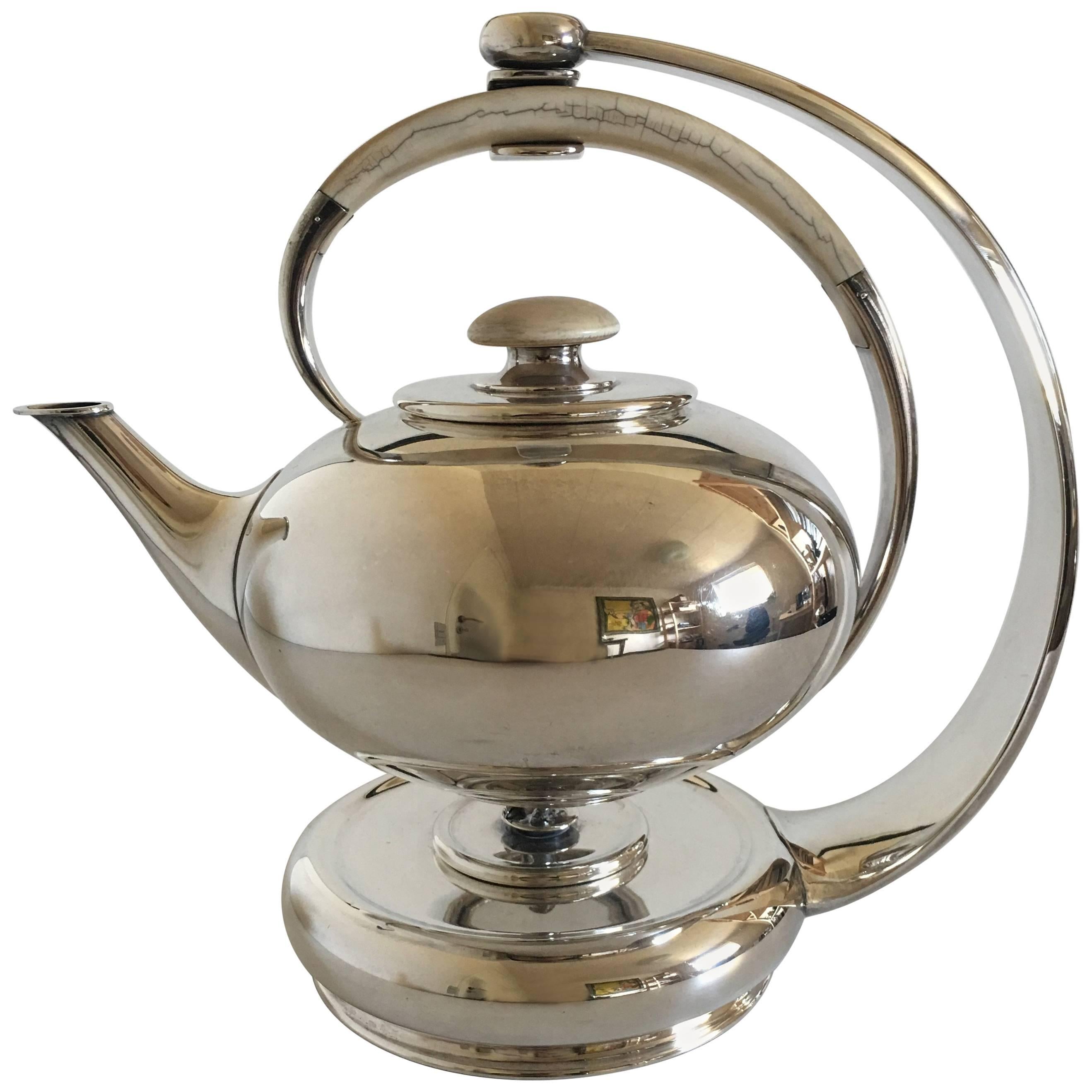 F Hingelberg Sterling Silver Teapot with Bone Handle and Matching Heating Stand