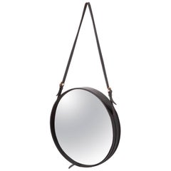 Vintage Mirror in Black Leather by Jacques Adnet, France, 1950