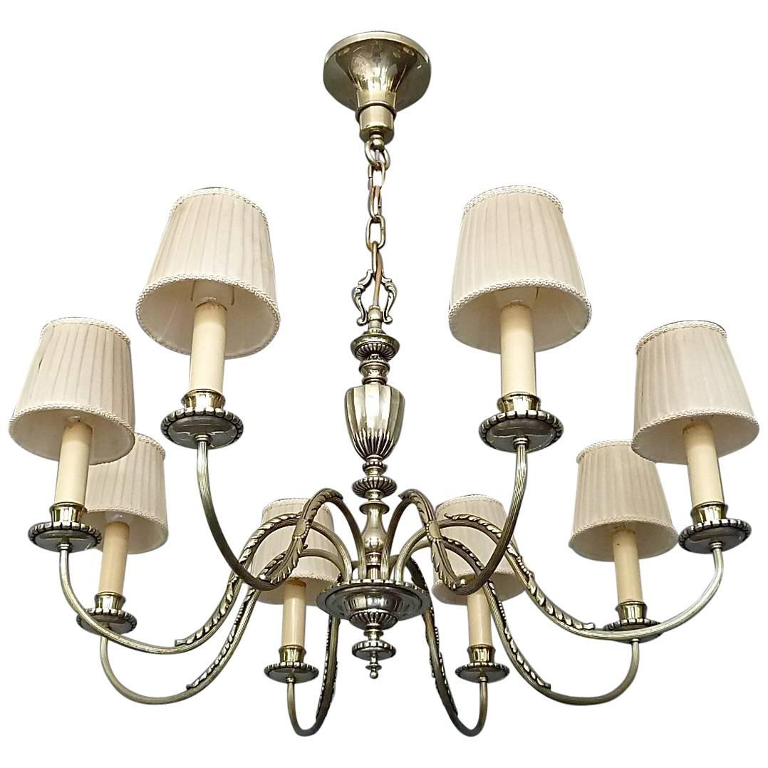 Elegant Large Empire Style Classical Silver Chandelier Eight-Light Pendant, 1920