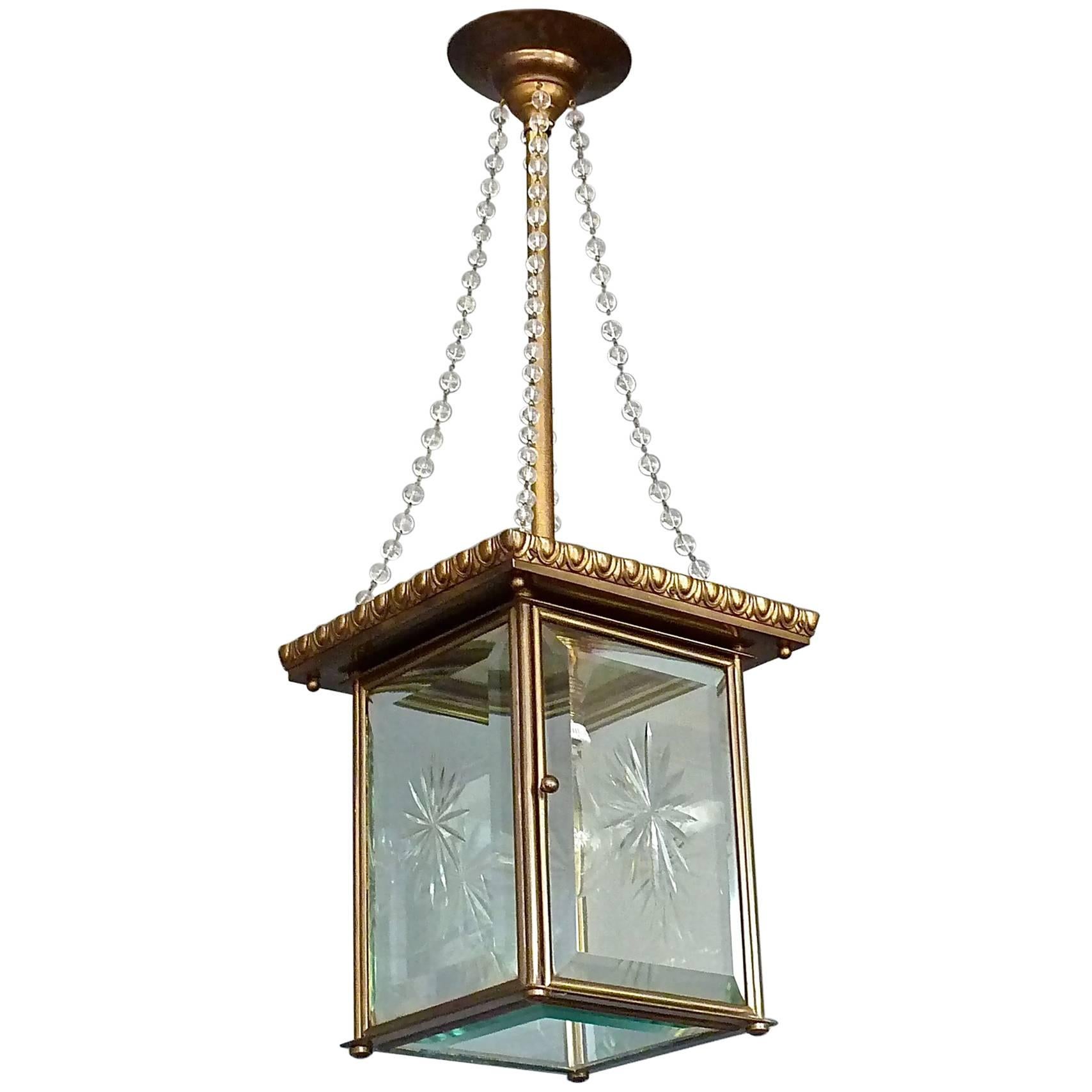 Signed Austrian Secession Lamp Art Nouveau Lantern Brass Beveled Glass Pearls