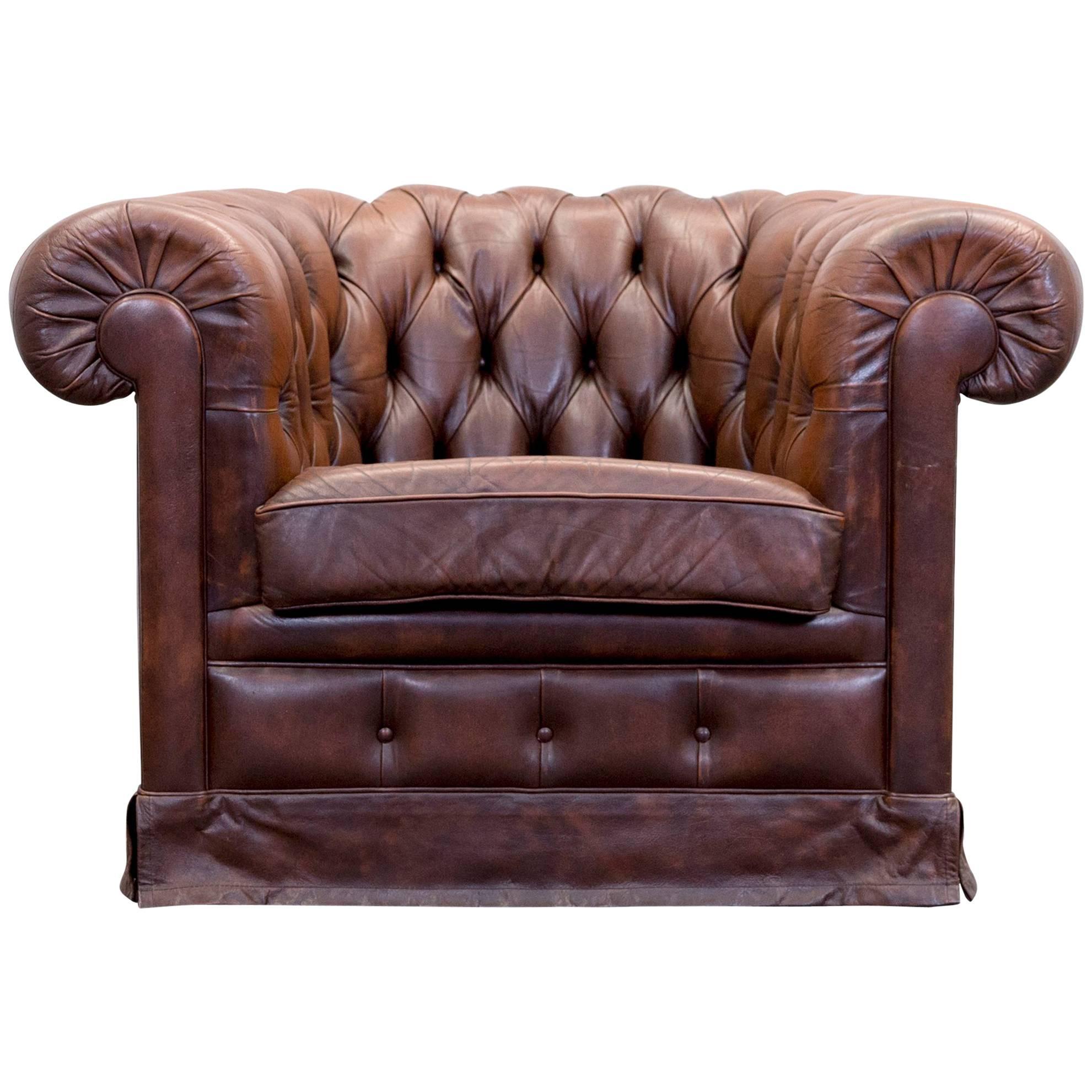 Original Chesterfield Leather Armchair in Brown Vintage Retro