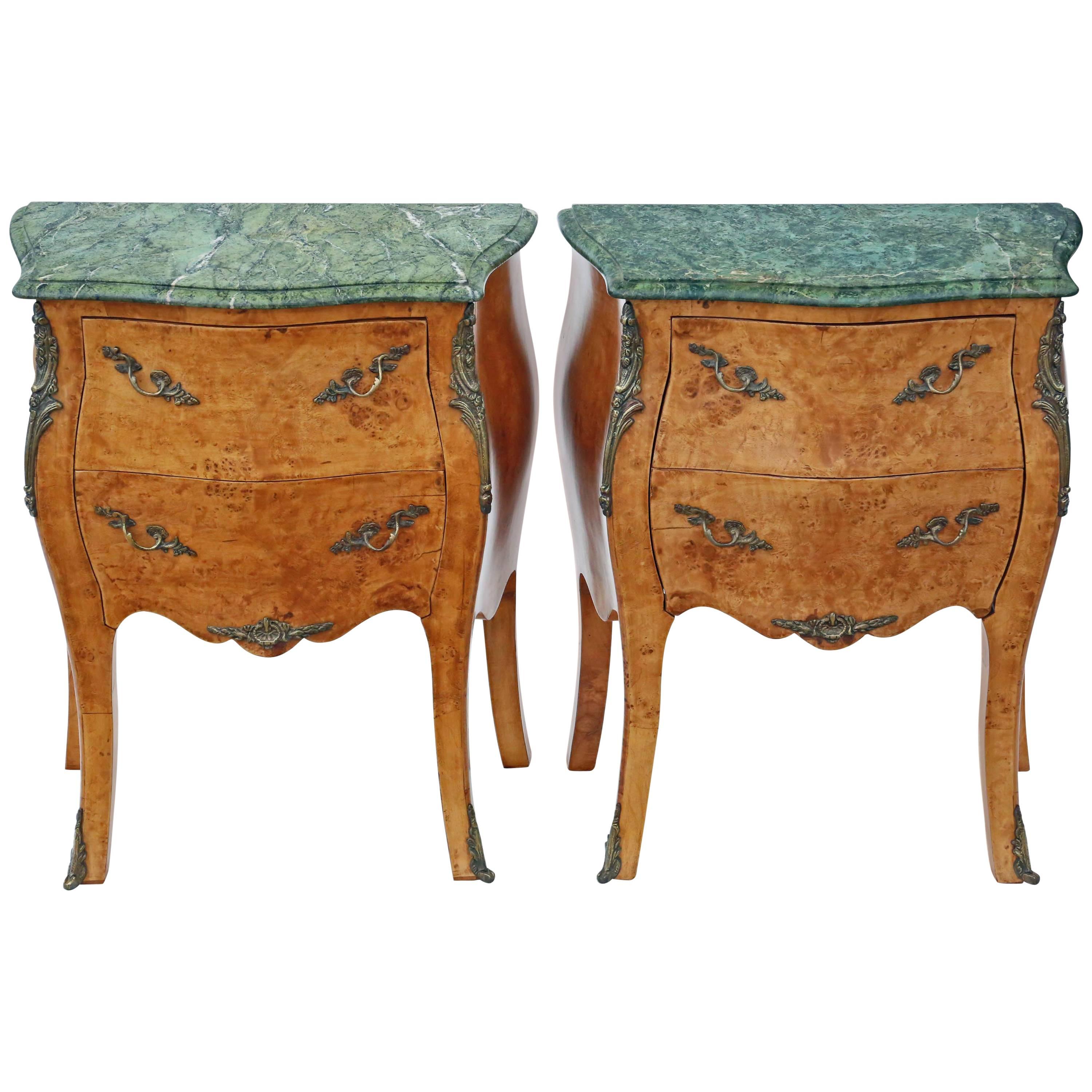 Antique Pair of Bird's-Eye Maple and Marble Bombe Style Bedside Tables Chests For Sale