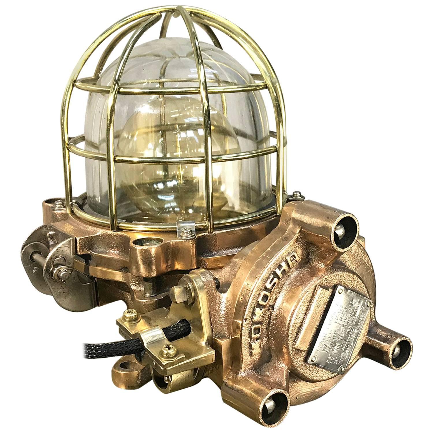Late Century Japanese Cast Bronze Industrial Flameproof Table Lamp, Brass Cage