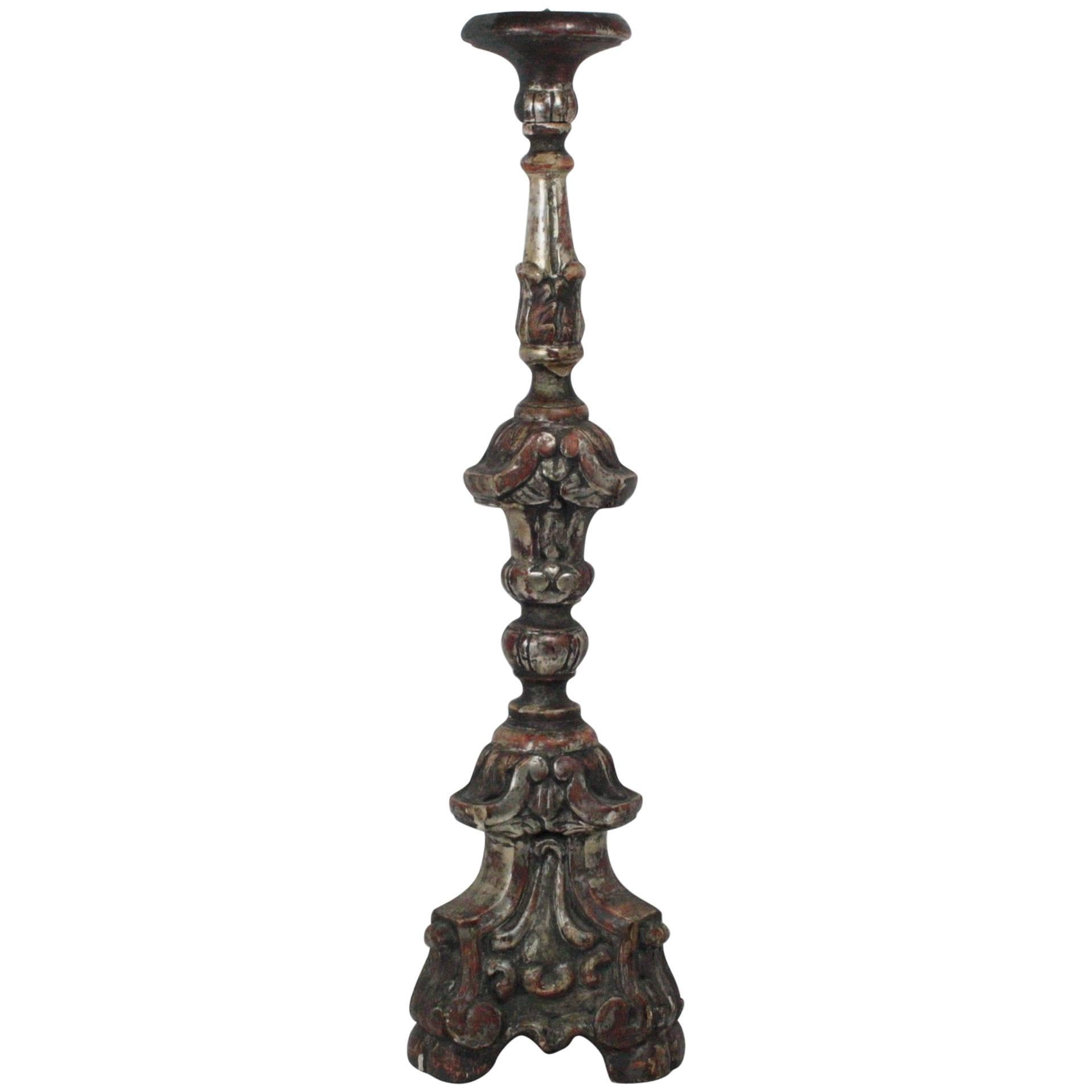 18th Century Silver Leaf Italian Wood Neoclassical Candlestick For Sale