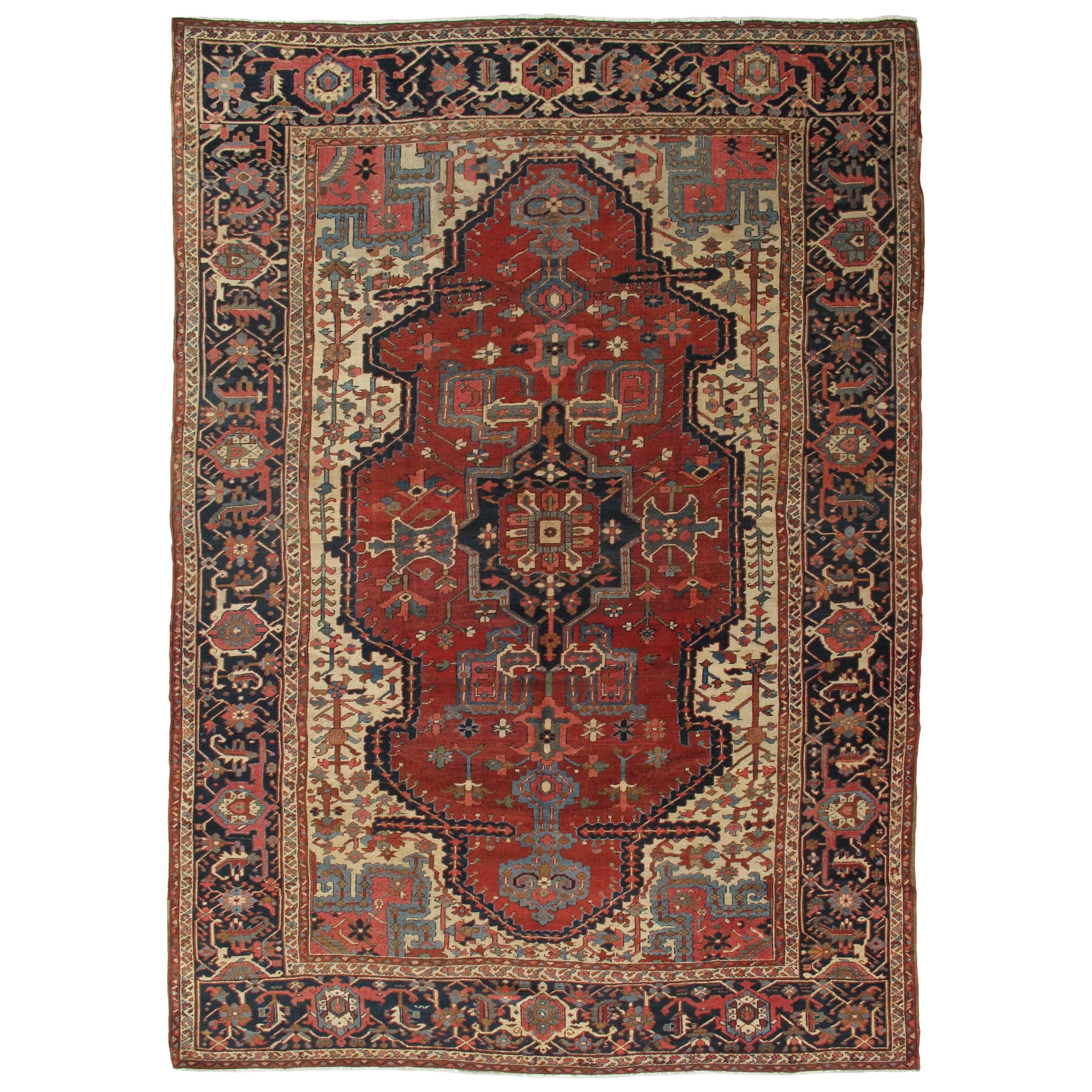 Antique Bakhshaish Carpet, Persian Handmade Rug, Rust, Navy, Ivory, Light Blue