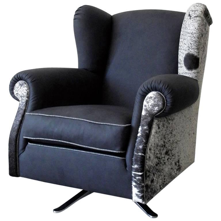 Modern Italian Crafts Swivel Faux Leather Fabric Bergére Armchair For Sale