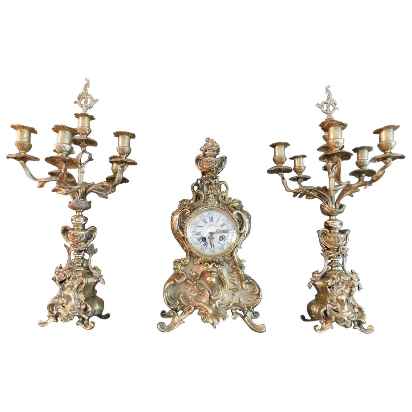 19th Century, French Brass Garniture Clock Set with Candelabras For Sale