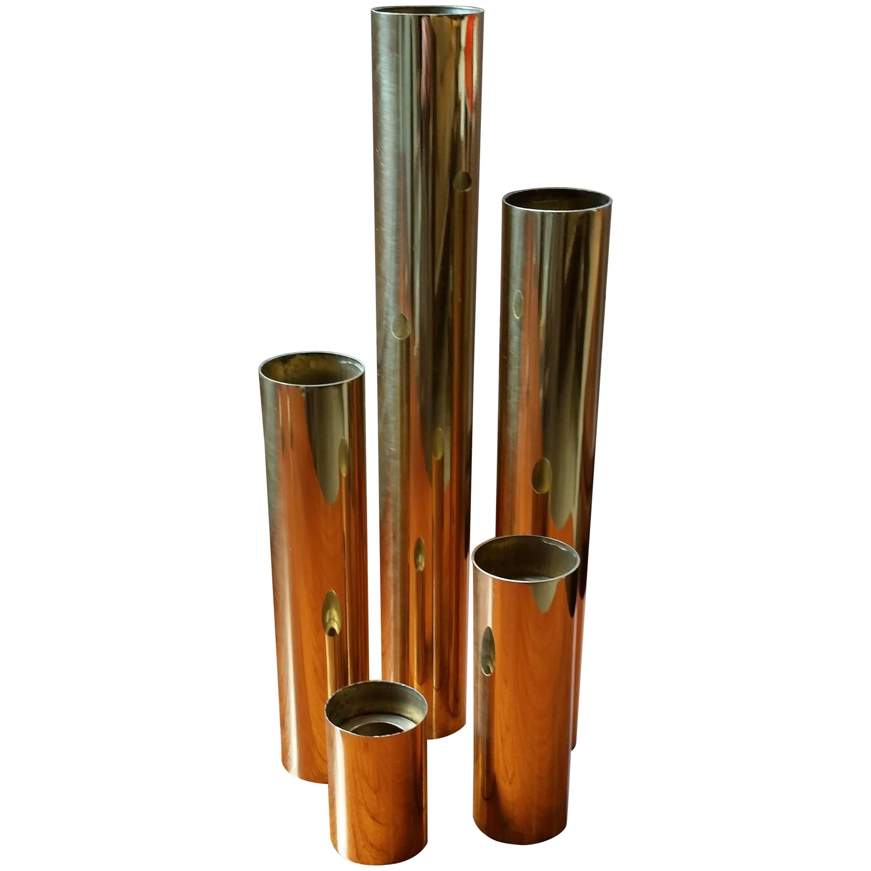 Set of Five 1970s Glam Tubular Brass Candleholders, Restored