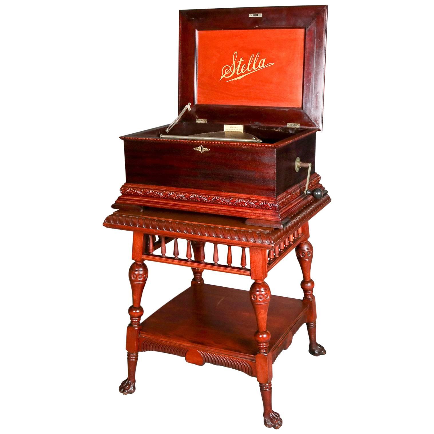 Antique Stella Double Comb Music Box with Mahogany Case and Stand, 19th Century