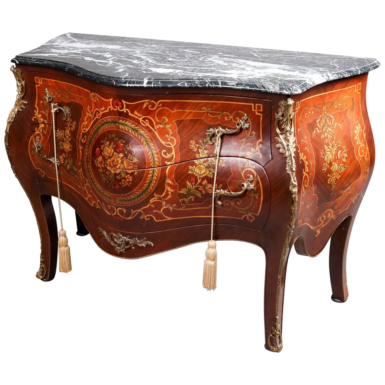 French Louis XV Style Hand Painted Marble Top Two-Drawer Bombe Commode