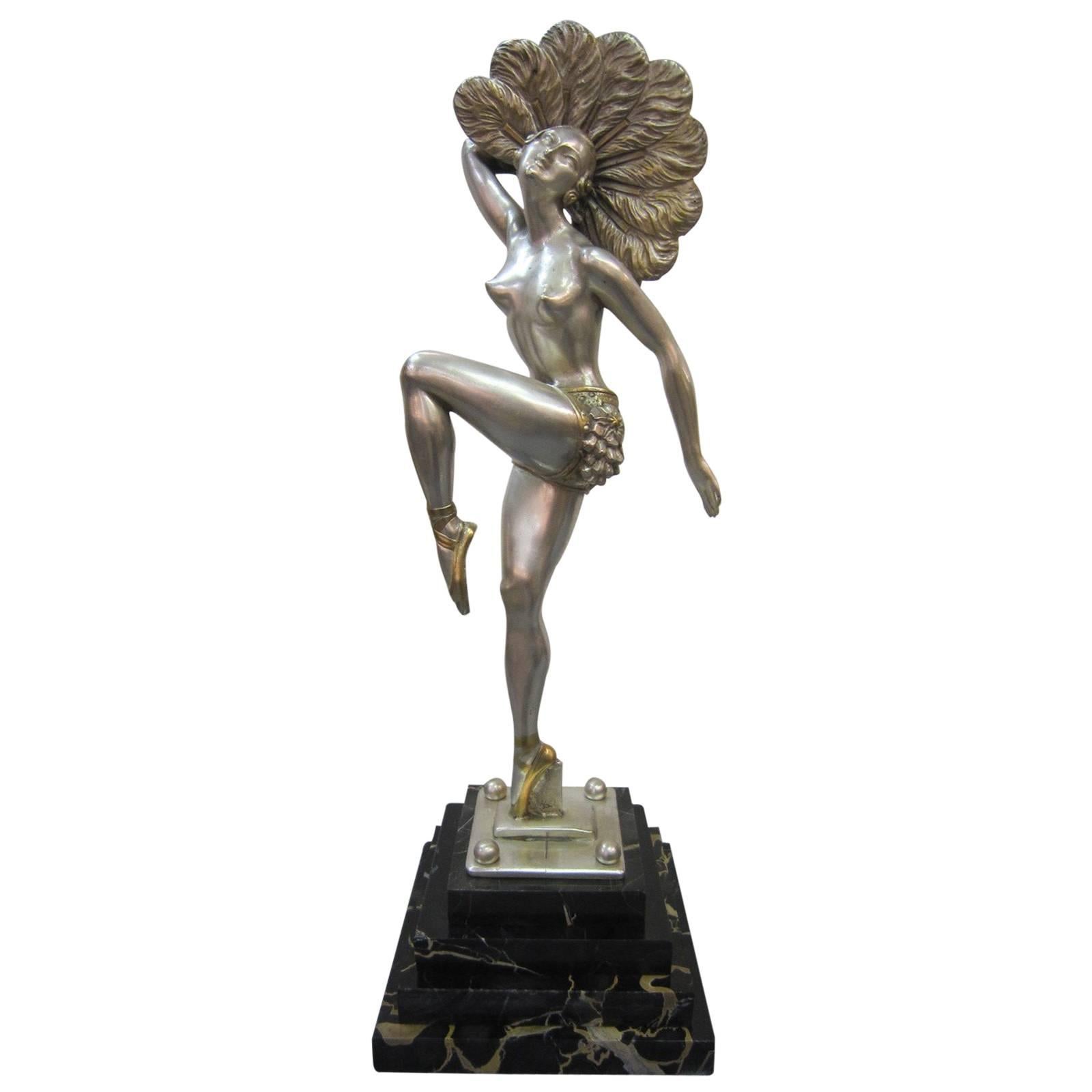 Fine Art Deco Bronze Fan Dancer in Silver and Parcel-Gilt Signed: H. Molins