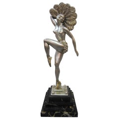 Antique Fine Art Deco Bronze Fan Dancer in Silver and Parcel-Gilt Signed: H. Molins