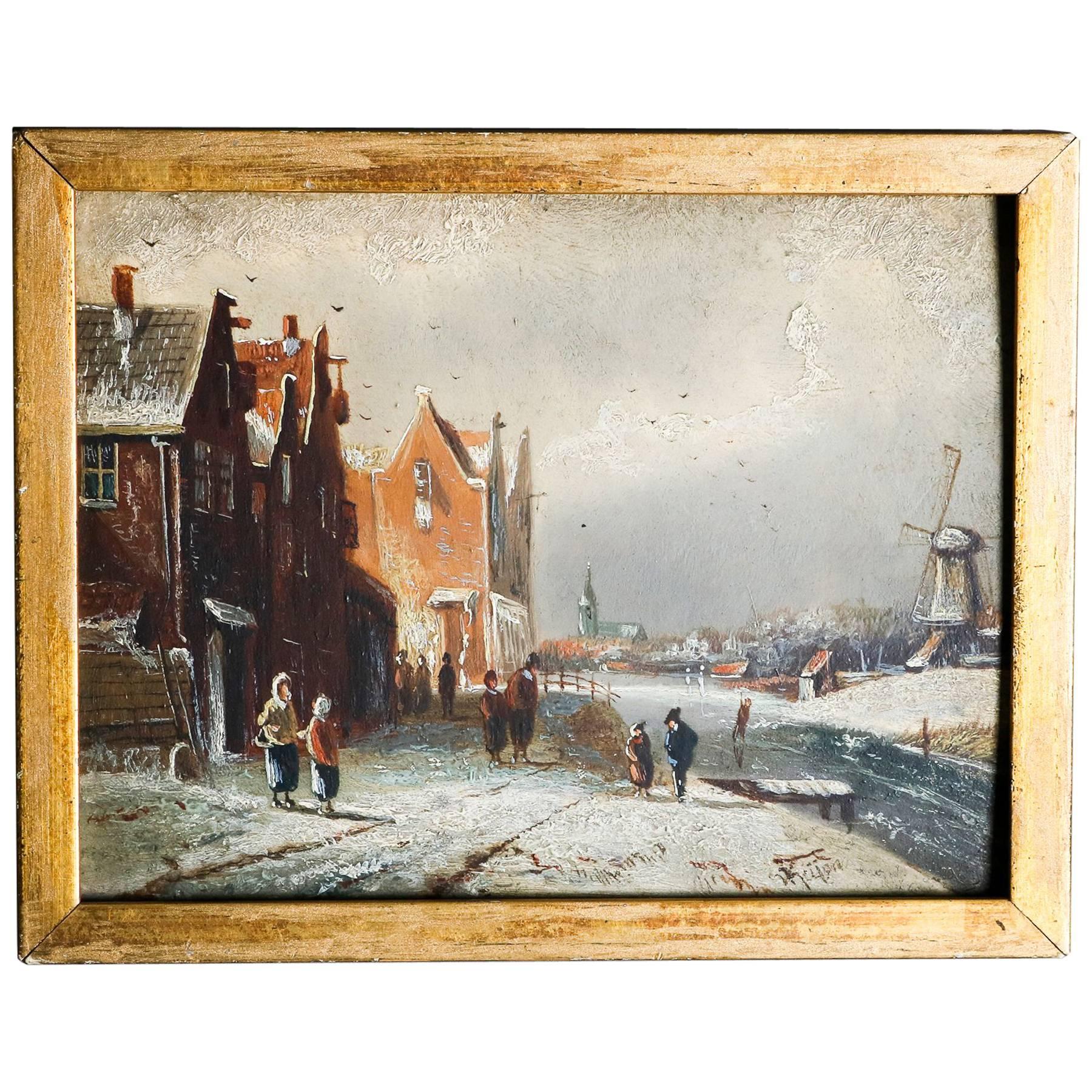 Antique Miniature Dutch Oil on Board Village Winter Scene, Signed Kiyon