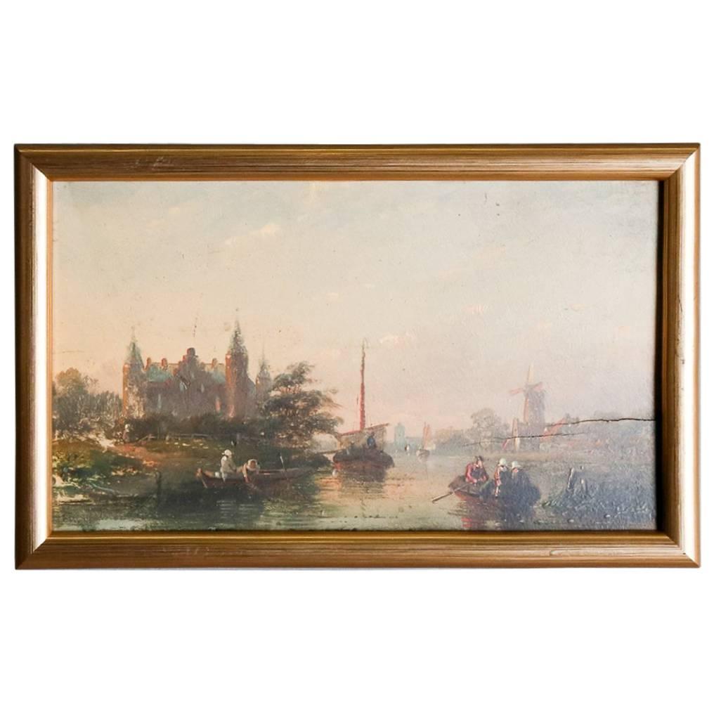 Antique Miniature Dutch Oil on Board Harbor Scene with Ships and Town