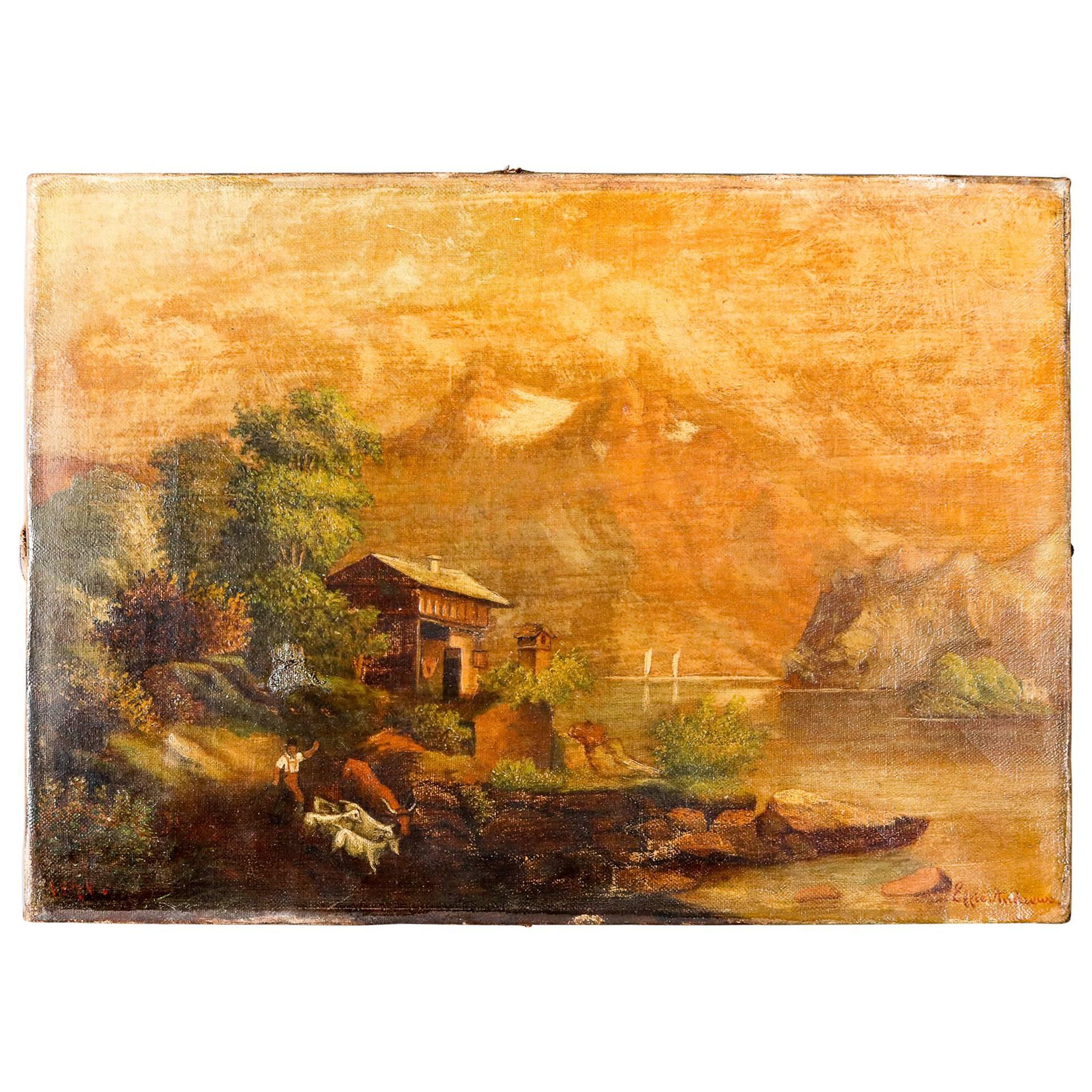 Antique Oil on Canvas Landscape Painting of Mountain Lake House by Effie Andrews