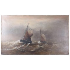 Antique Maritime Oil on Canvas Seascape with Sailing Ships, 19th Century