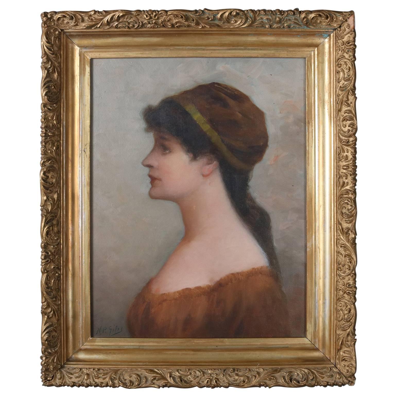 Antique Oil on Board Portrait Painting of Maiden Signed H.P. Giles, 19th Century
