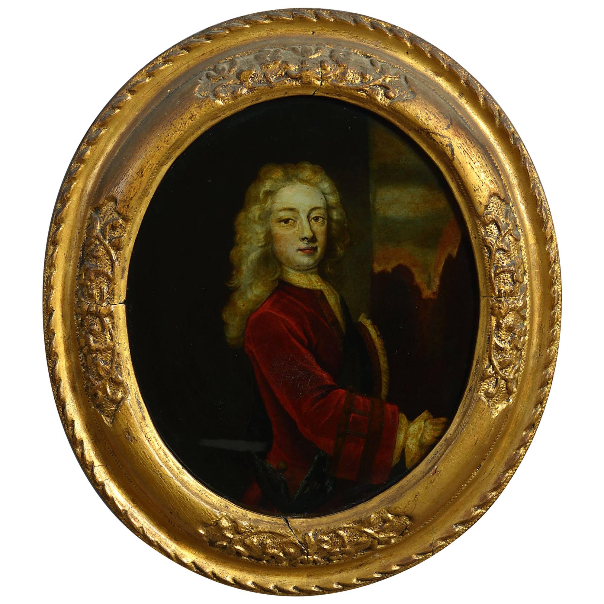 Early 18th Century Reverse Glass Print, Oval Portrait of a Gentleman