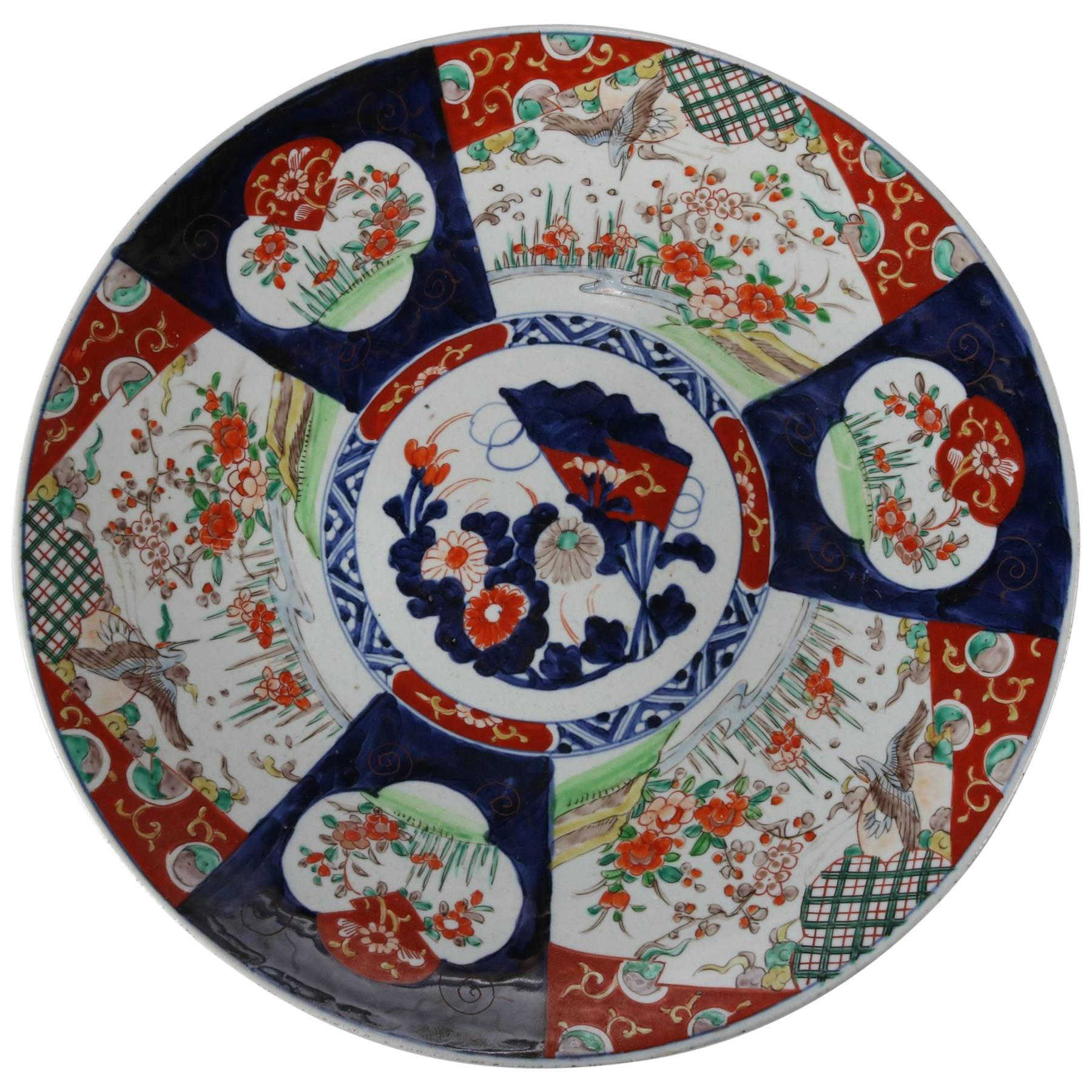 Antique Japanese Imari Porcelain Charger, Floral and Herons, 19th Century