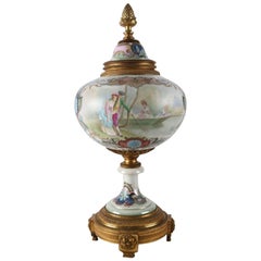 Antique French Sevres Hand-Painted Porcelain Urn with Bronze, Signed Lucot